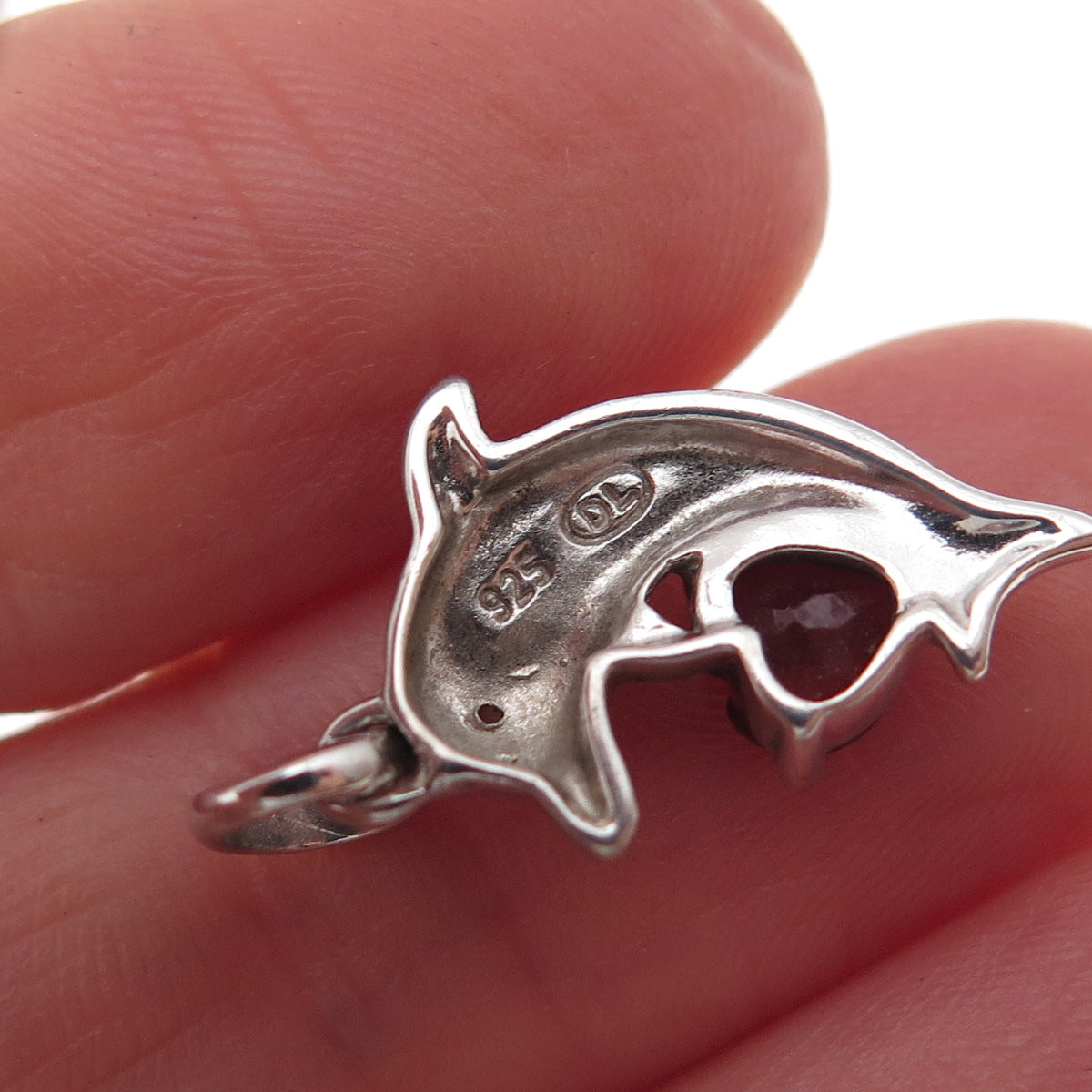 925 Sterling Silver Real Diamond & Red Garnet Dolphin Heart Charm Pendant