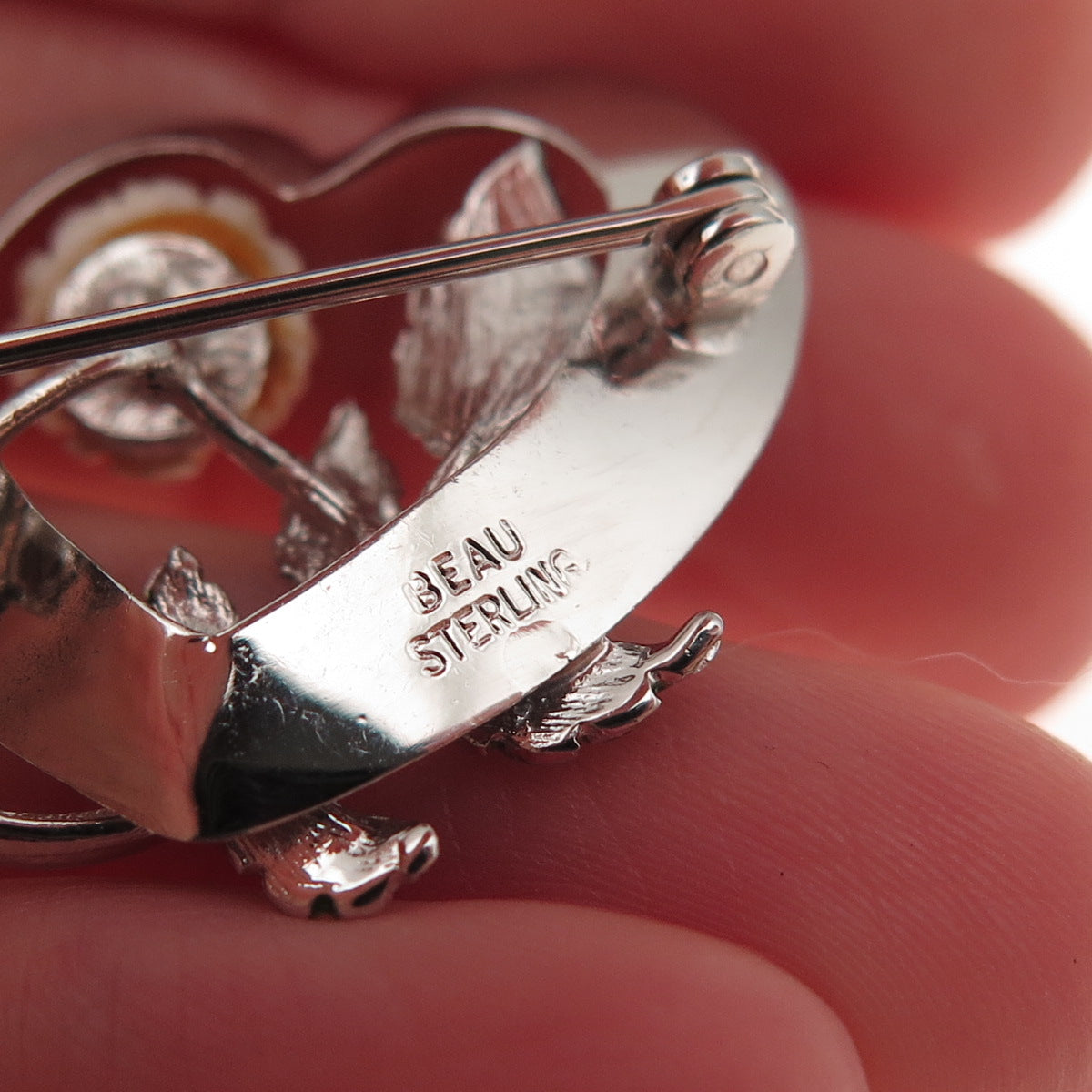 Beau 925 Sterling Silver Vintage Enamel Rose Heart Pin Brooch
