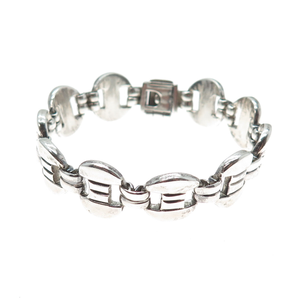 950 Silver Vintage Mexico Modernist Panel Link Oxidized Bracelet 7"