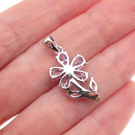 925 Sterling Silver Lavender & White C Z Flower Charm Pendant