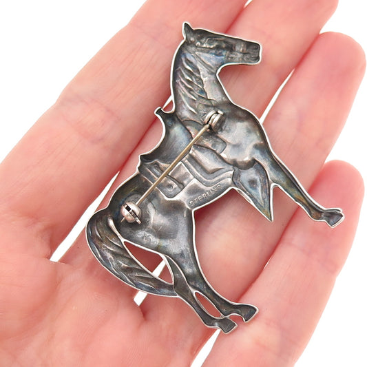 925 Sterling Silver Vintage Equestrian Horse Oxidized Pin Brooch