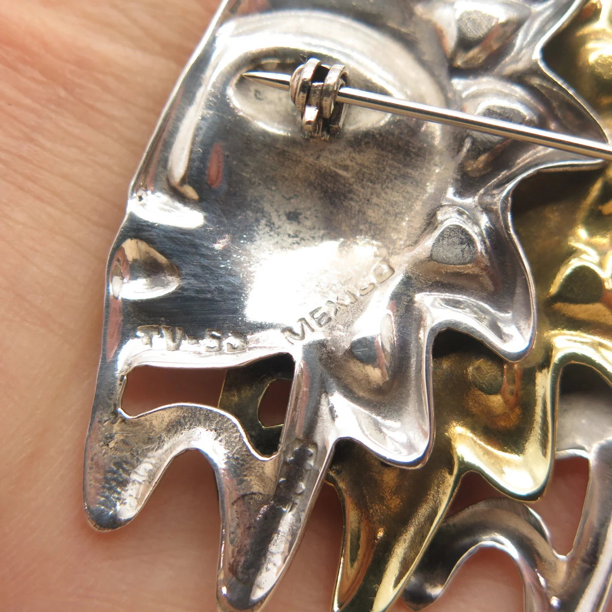 925 Sterling Silver 2-Tone Vintage Mexico Triple Sun Face Pin Brooch