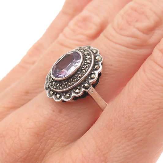 925 Sterling Silver Vintage Real Amethyst & Marcasite Oxidized Ring Size 6.75