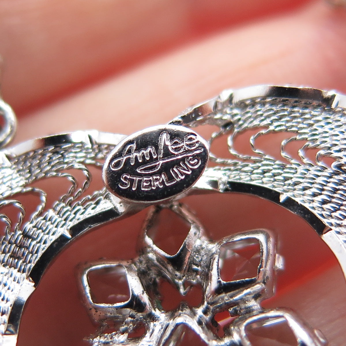 AM LEE 925 Sterling Silver Antique Art Deco Rhinestone Filigree Necklace 16"