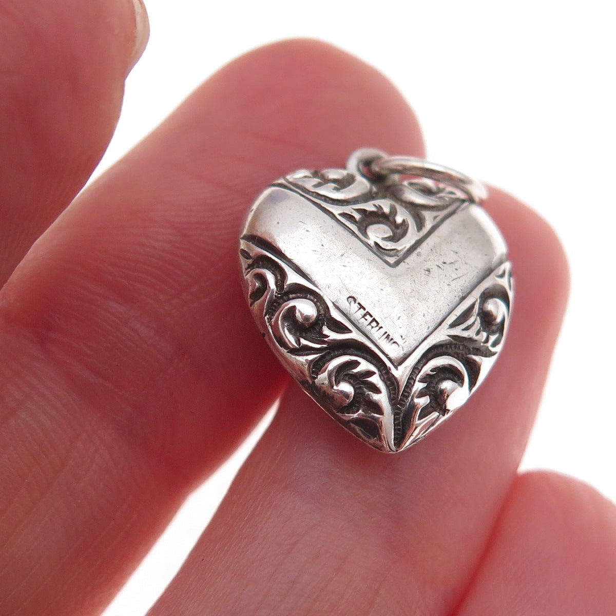 925 Sterling Silver Antique Art Deco Engraved Chatelaine Heart Charm Pendant