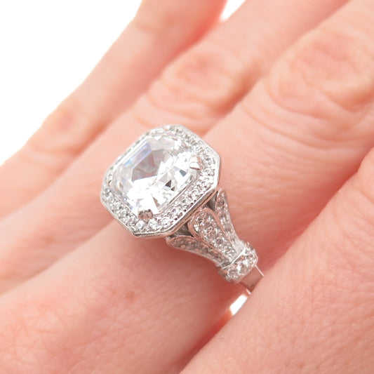 925 Sterling Silver Asscher & Round-Cut C Z Engagement Ring Size 8.25