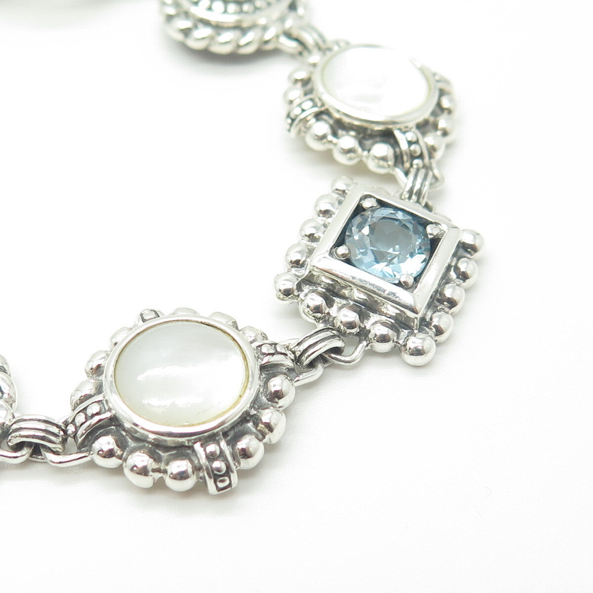 925 Sterling Silver Vintage Real Blue Topaz Amethyst & MOP Dotted Bracelet 7.5"