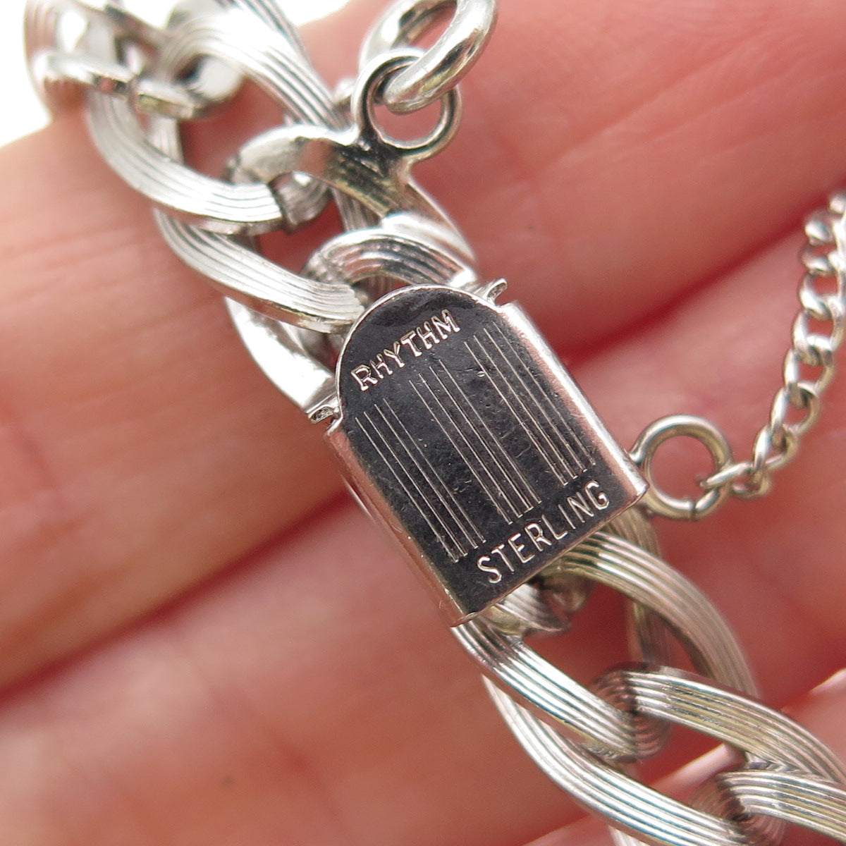 RHYTHM 925 Sterling Silver Antique Art Deco Oxidized Curb Link Bracelet 7"