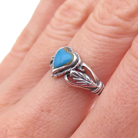 925 Sterling Silver Vintage Real Turquoise Heart Floral Ring Size 7.75