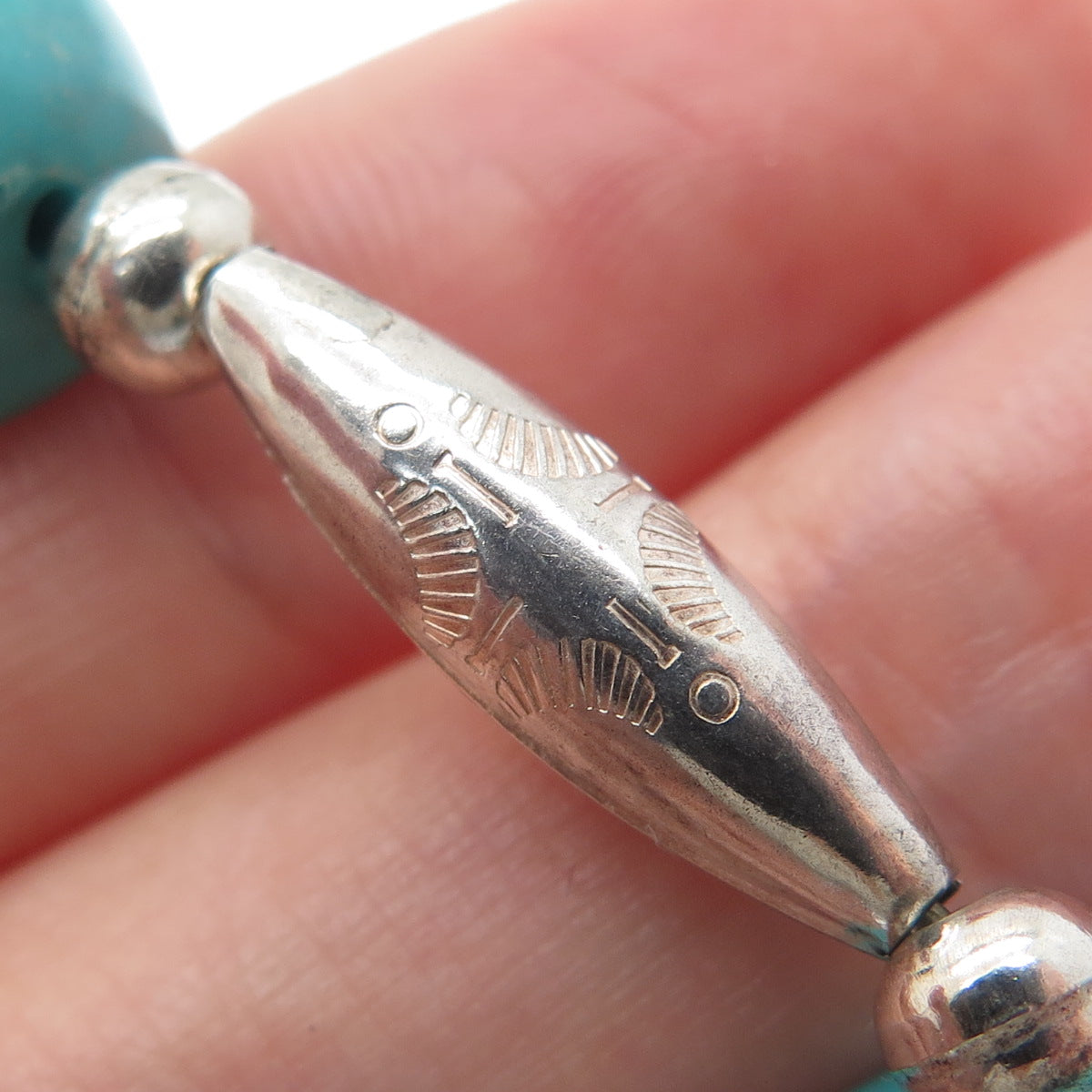 Old Pawn 925 Sterling Silver Vintage Turquoise Gem Bar & Bead Chain Necklace 14"