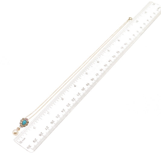 925 Sterling Silver Gold Plated Real Turquoise Pink Topaz & Pearl Necklace 18"