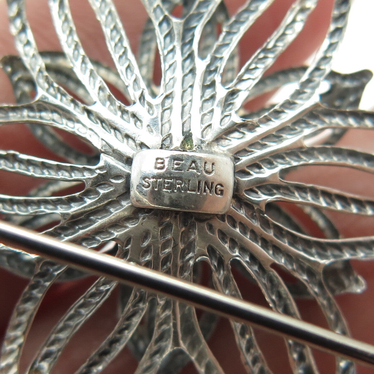 BEAU 925 Sterling Silver Antique Art Deco Flower Round Pin Brooch