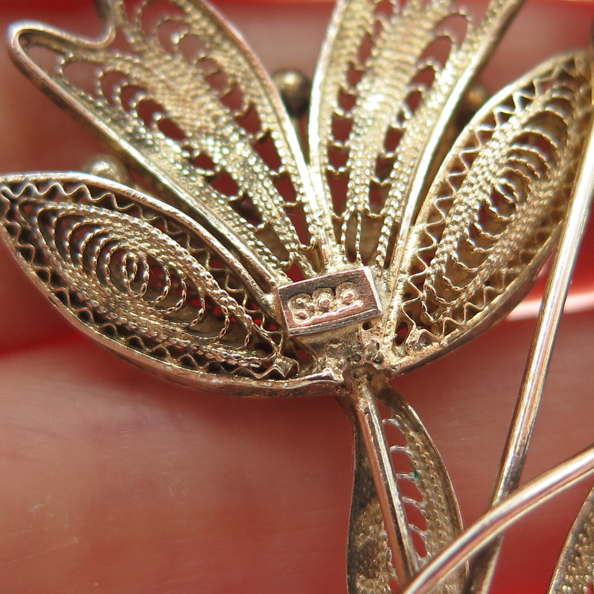 800 Silver Antique Art Deco Gold Plated Filigree Floral Pin Brooch
