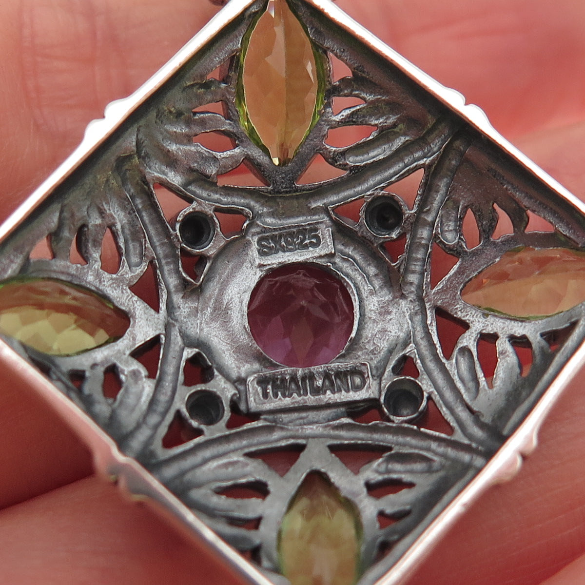 SX Sally C 925 Sterling Silver Vintage Real Amethyst & Peridot Floral Pendant