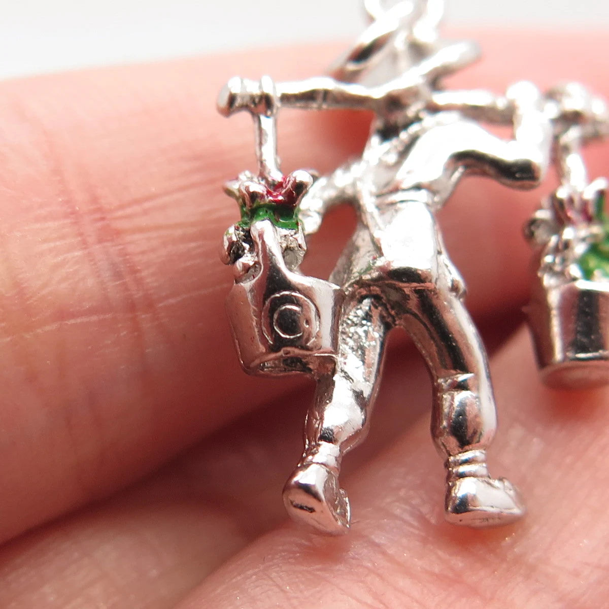925 Sterling Silver Vintage Old Stock Enamel Man Carrying Flower Buckets Pendant