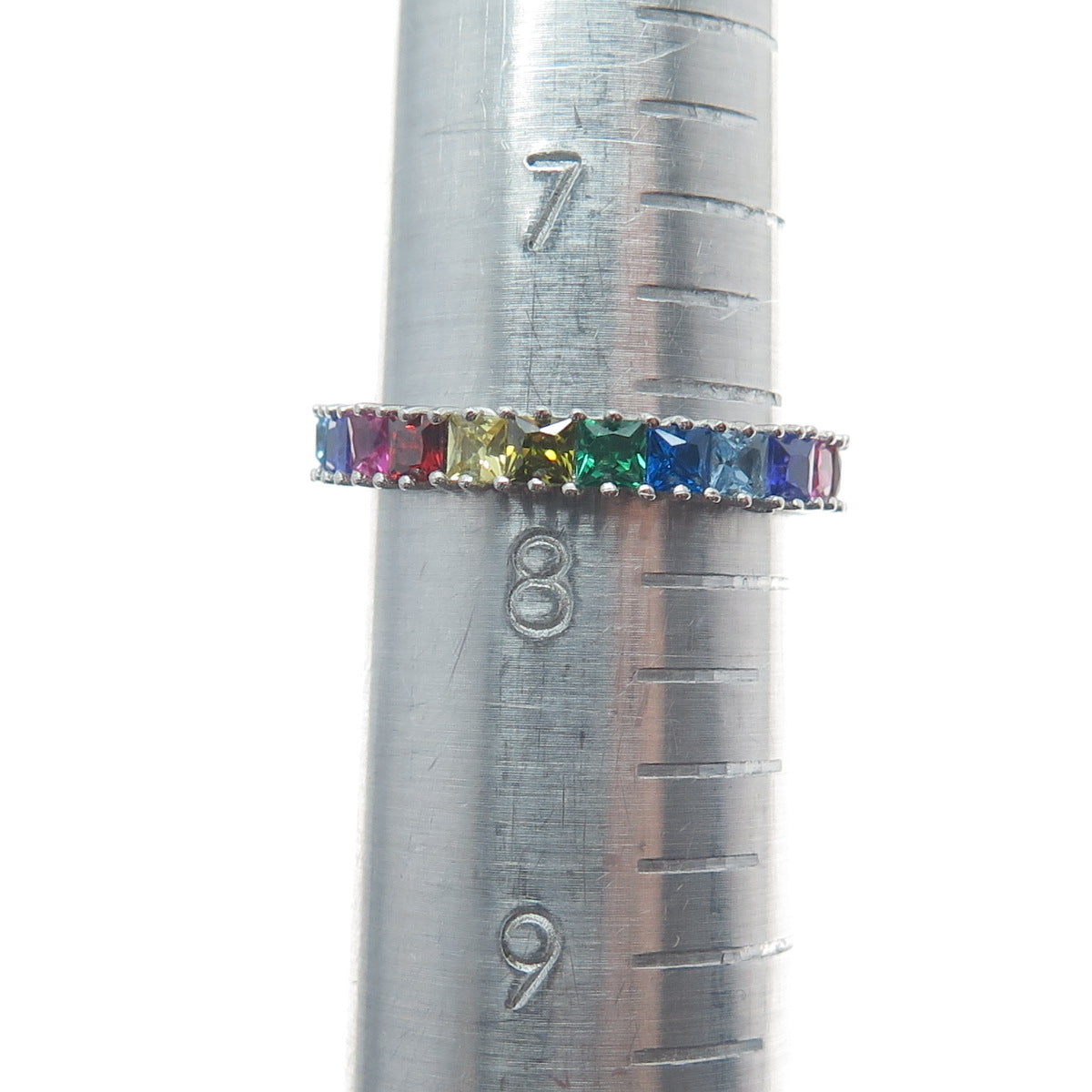 925 Sterling Silver Multi-Color C Z All Around Eternity Band Ring Size 7.75