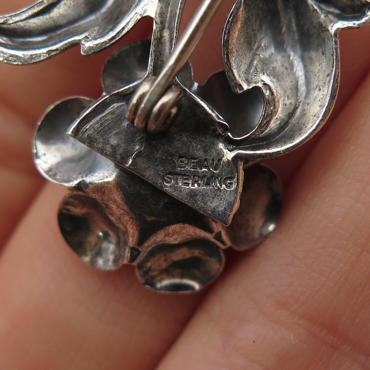 BEAU 925 Sterling Silver Vintage Rose Flower Oxidized Pin Brooch