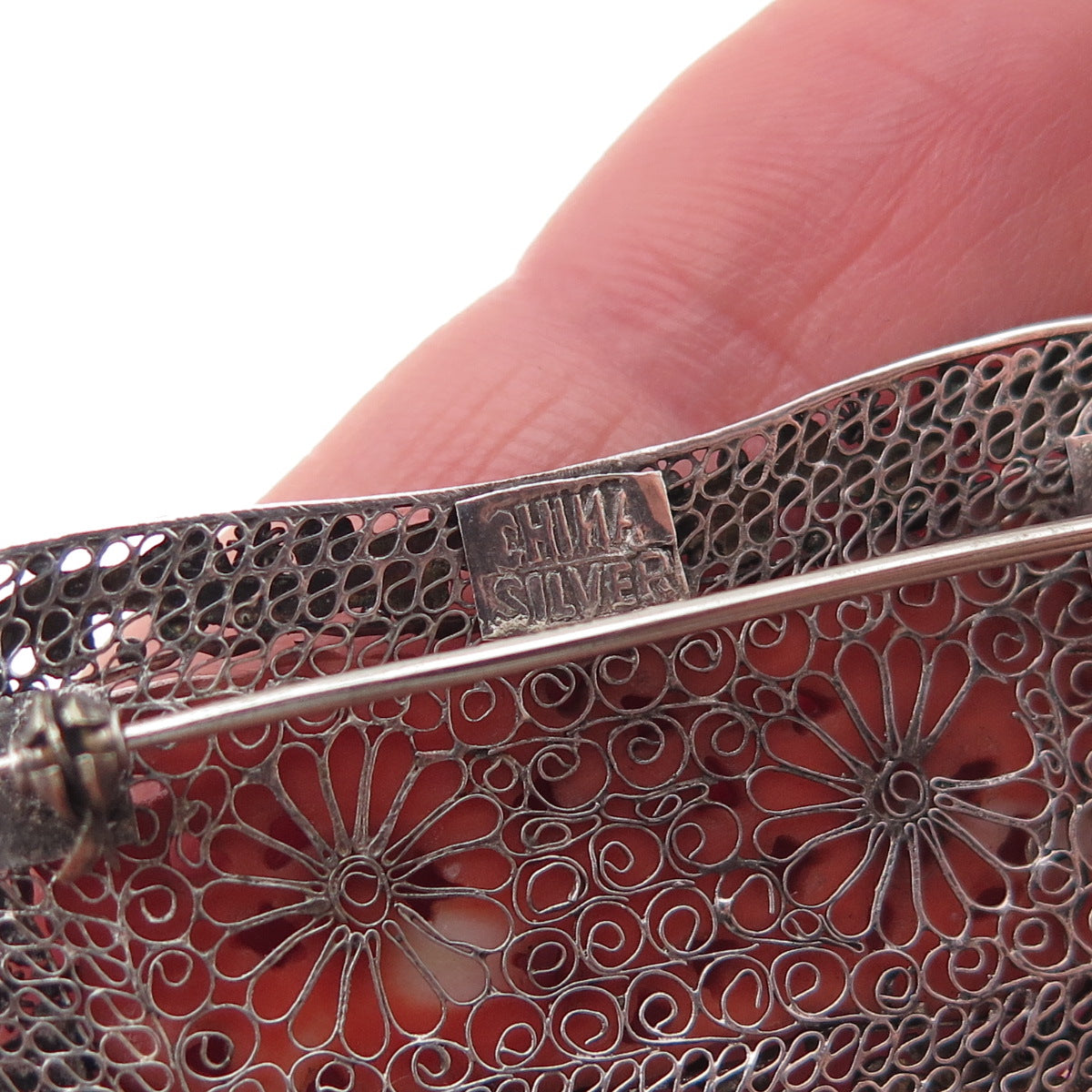 925 Sterling Silver Antique China Real Coral & Enamel Floral Filigree Pin Brooch
