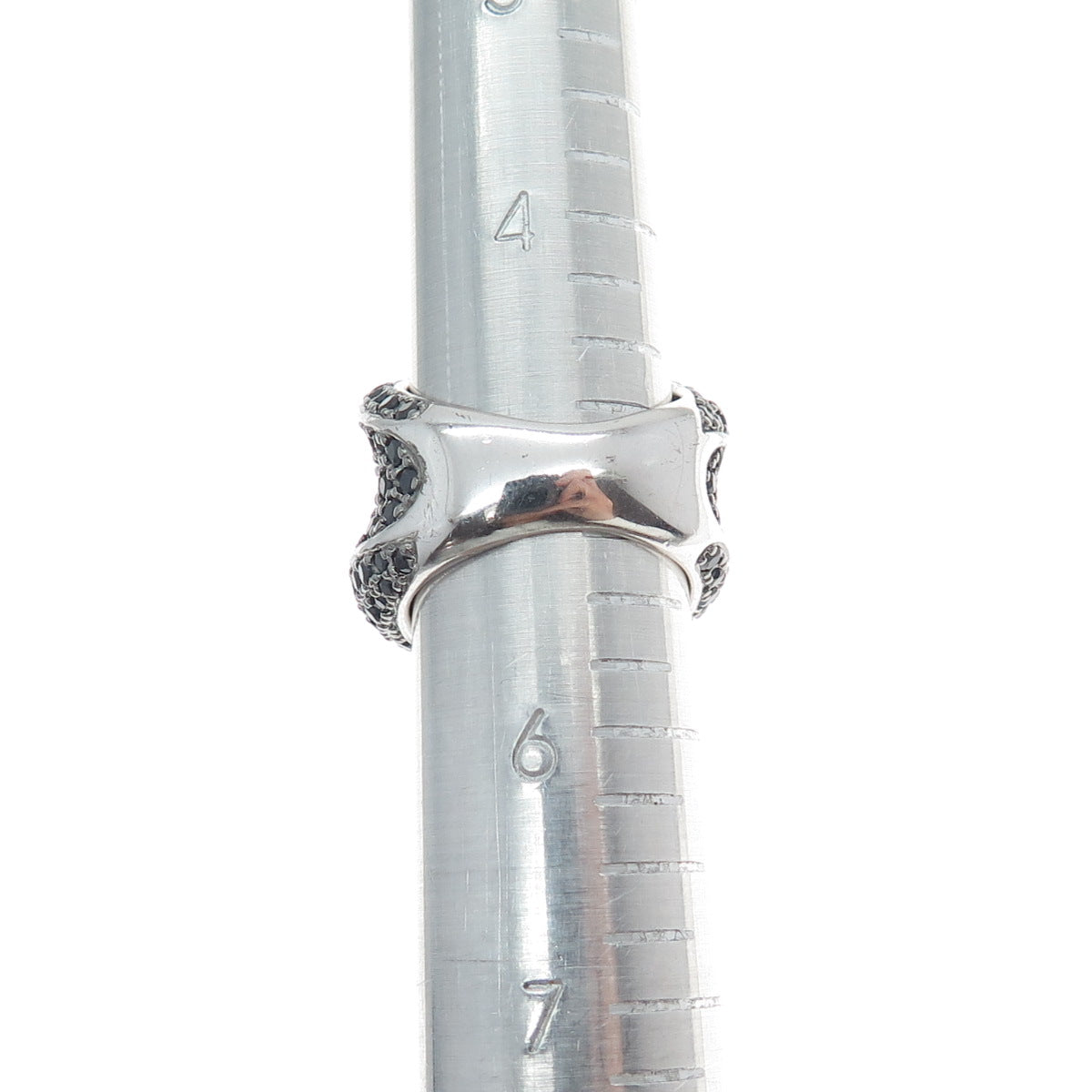 925 Sterling Silver Real Round-Cut Black Spinel Modernist Wavy Ring Size 5.25