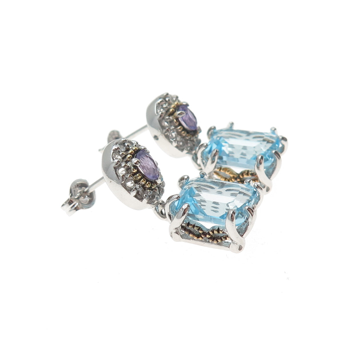 925 Sterling Silver 2-Tone Real Blue & White Topaz Amethyst Dangle Earrings