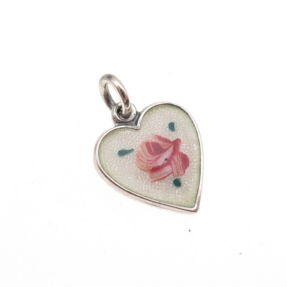 925 Sterling Silver Antique Art Deco Enamel Rose Chatelaine Heart Mini Pendant