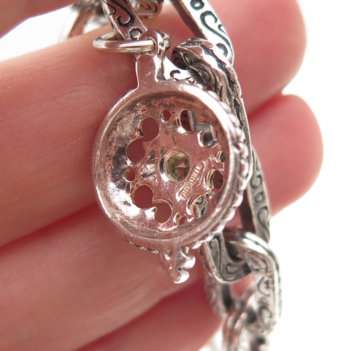 925 Sterling 2-Tone Vintage Amethyst Peridot & Topaz Multi-Charm Bracelet 6.75"