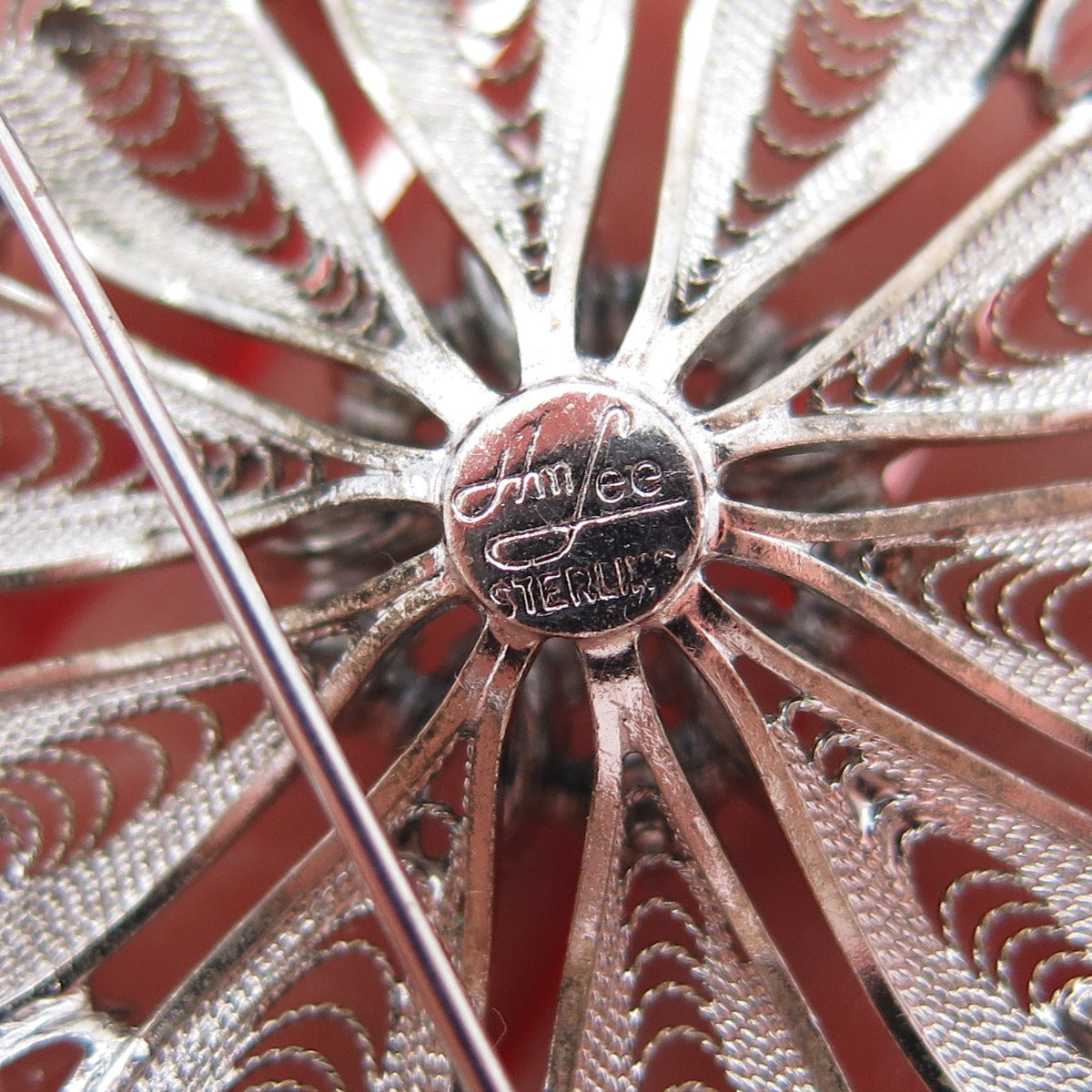 AM LEE Sterling Silver Antique Art Deco Rhinestone Flower Filigree Pin Brooch