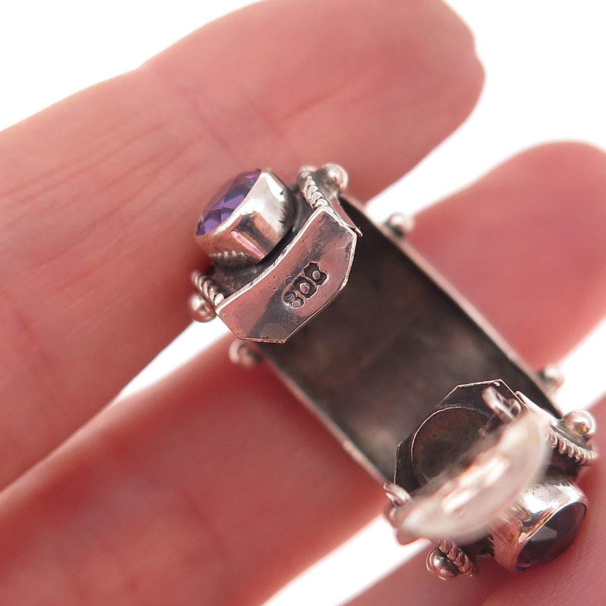 800 Silver Vintage Real Amethyst Modernist Oxidized Clip On Hoop Earrings