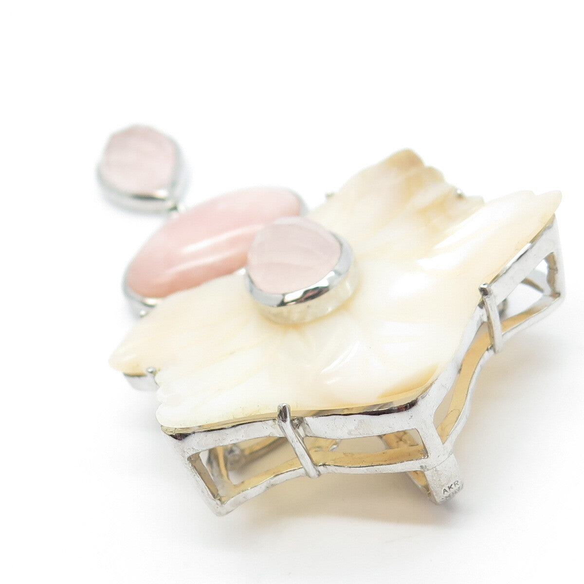 925 Sterling Silver Vintage Real MOP & Rose Quartz Floral Large Brooch Pendant
