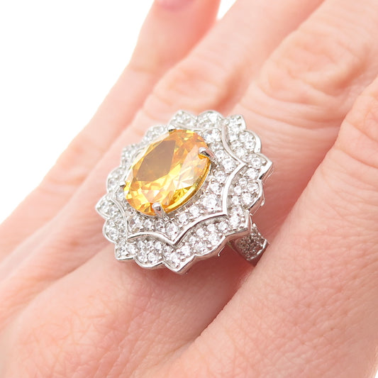 925 Sterling Silver Canary & White C Z Flower Ring Size 7.25