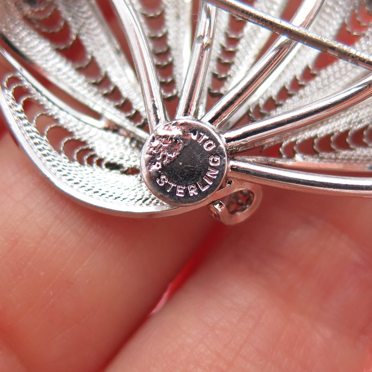 925 Sterling Silver Vintage Modernist Fan Filigree Pin Brooch