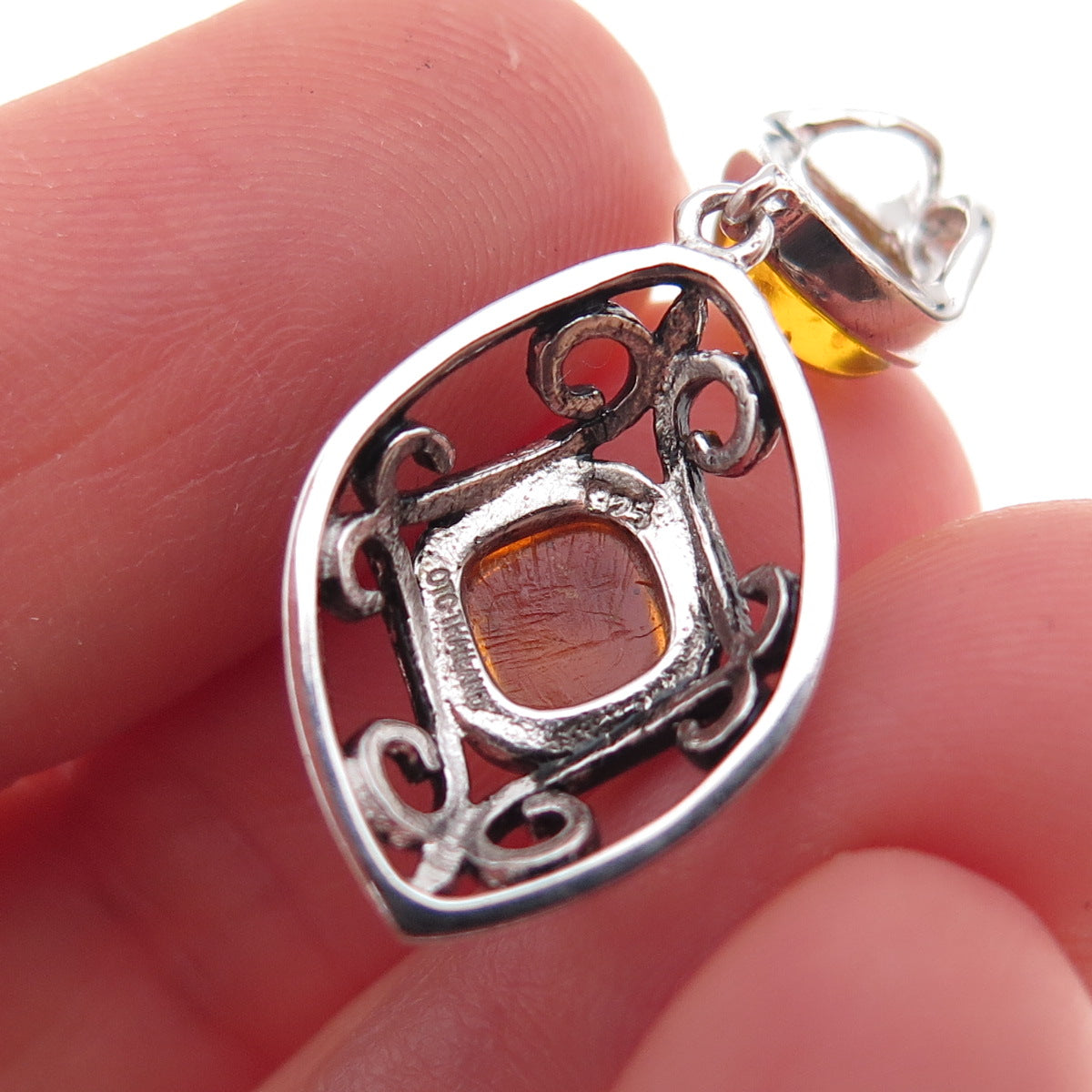 925 Sterling Silver Vintage Real Amber Oxidized Slide Charm Pendant