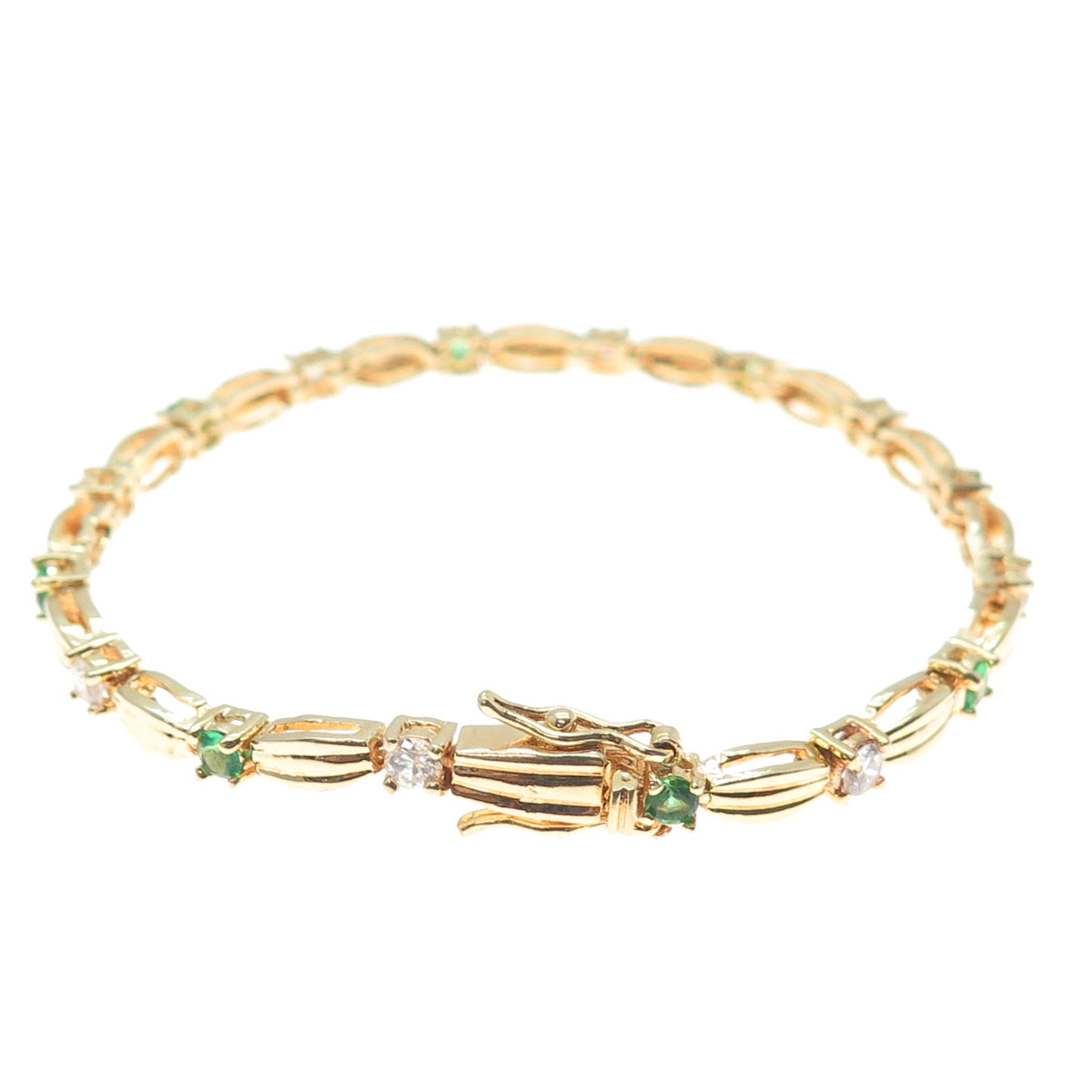 925 Sterling Silver Gold Plated Round-Cut Green & White C Z Bracelet 6.75"