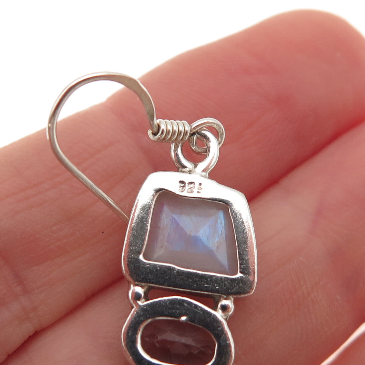 925 Sterling Silver Vintage Real Moonstone Opal & Blue Topaz Dangle Earrings