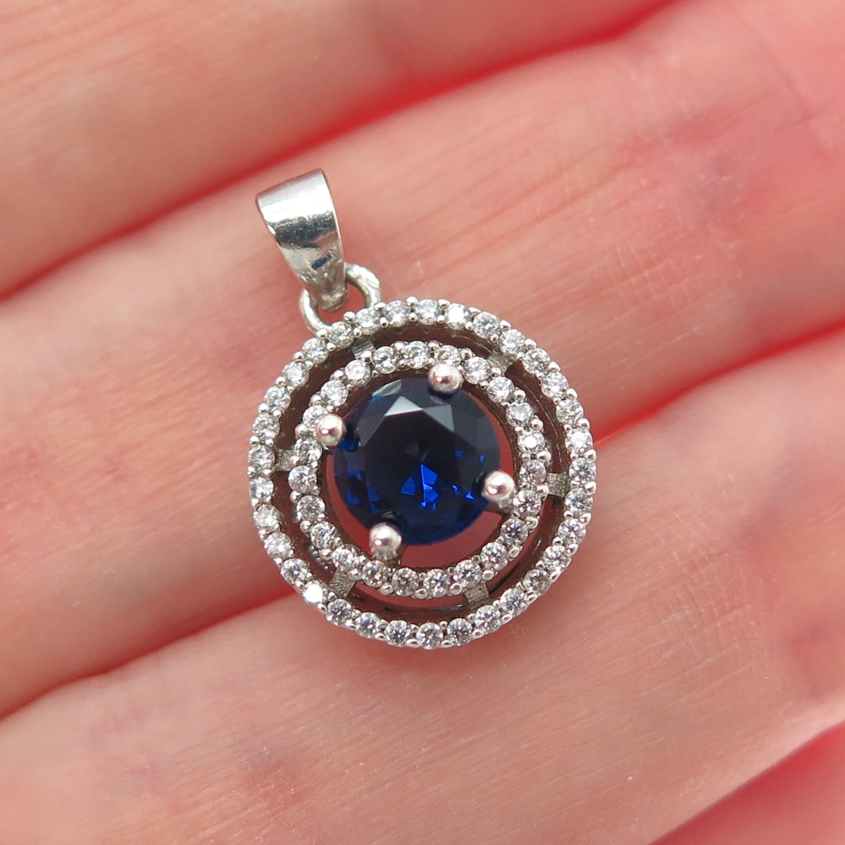 925 Sterling Silver Round-Cut Blue & White C Z Minimalist Charm Pendant