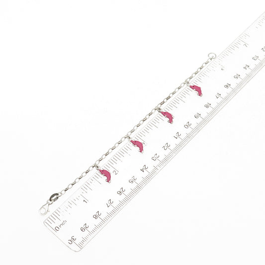 925 Sterling Silver Enamel Dolphin Dangle Charm Cable Link Bracelet 6"