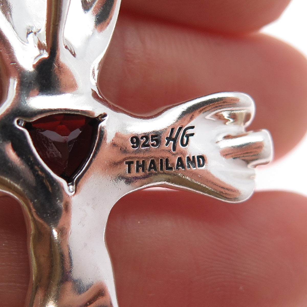 HAGIT GORALI 925 Sterling Silver Vintage Real Red Garnet Modernist Cross Pendant