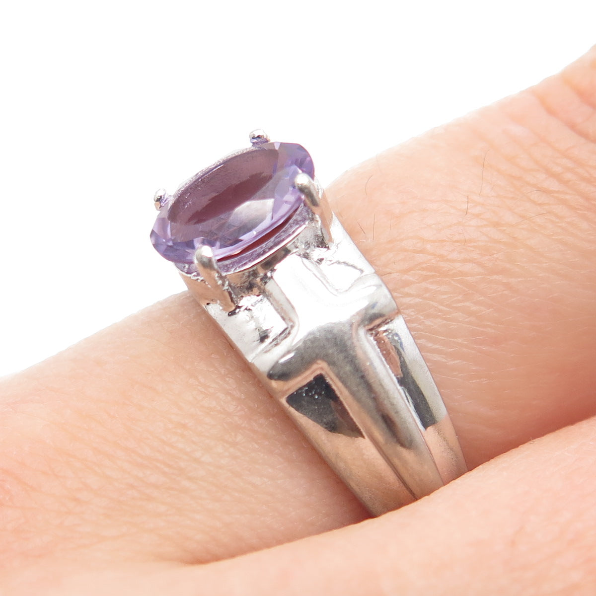 925 Sterling Silver Real Oval-Cut Amethyst Cross Ring Size 7