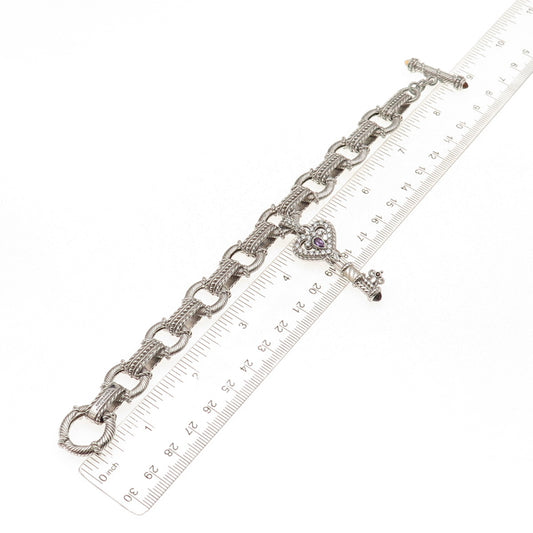 Judith Ripka 925 Sterling Silver Real Multi-Gem & C Z Heart Key Bracelet 7.5"