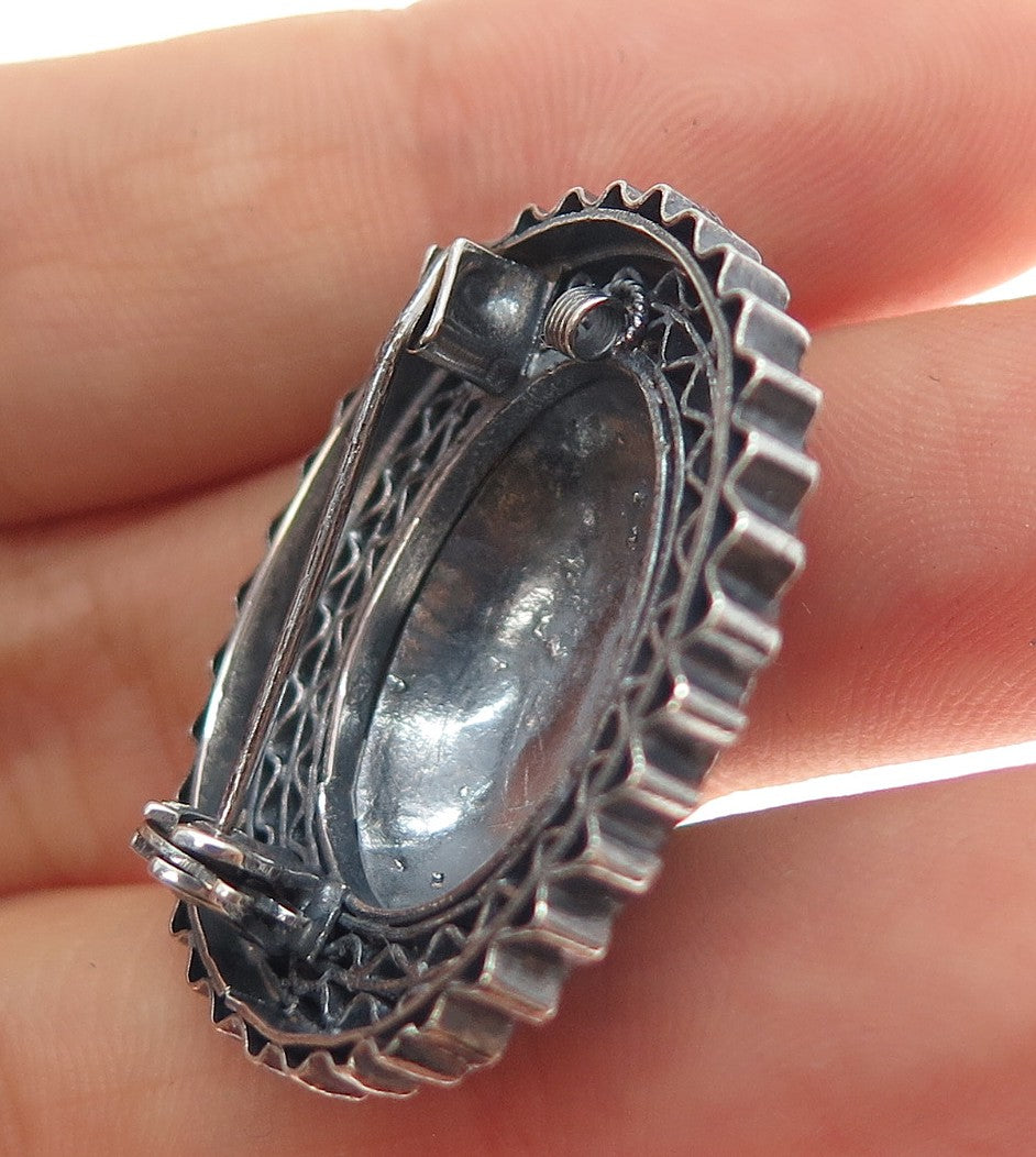 925 Sterling Silver Antique Art Deco Real Turquoise Filigree Oxidized Pin Brooch