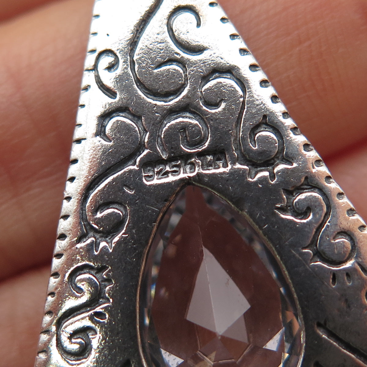 KEN CRAFTS 925 Sterling Silver Vintage Pear-Cut C Z Swirl Oxidized Pendant