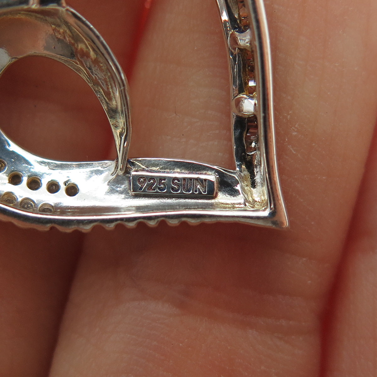 SUN 925 Sterling Silver Real Round & Tapered Baguette-Cut Diamond Heart Pendant