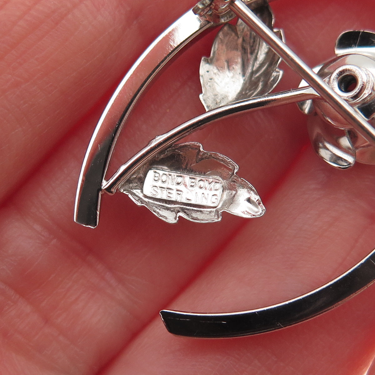 BOND BOYD 925 Sterling Silver Vintage Wishbone Rose Flower Pin Brooch
