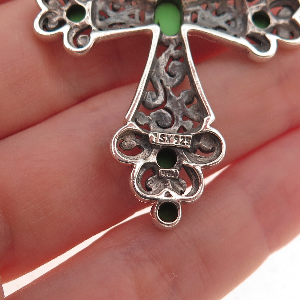 SX Sally C 925 Sterling Vintage Real Lime Green Turquoise Cross Charm Pendant