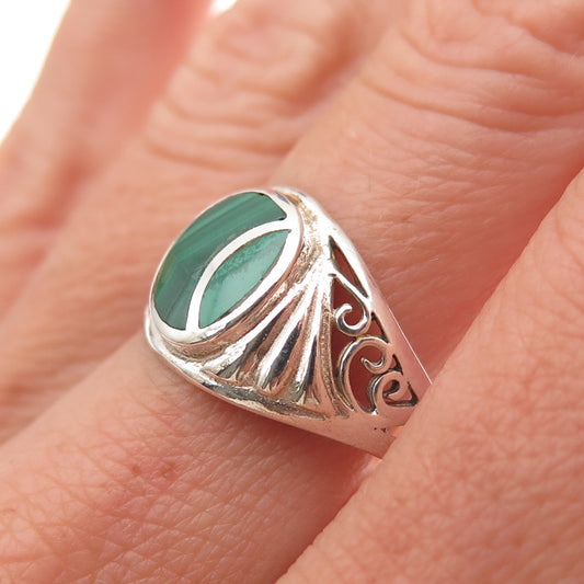 925 Sterling Silver Vintage Real Malachite Floral Scroll Oxidized Ring Size 8.75