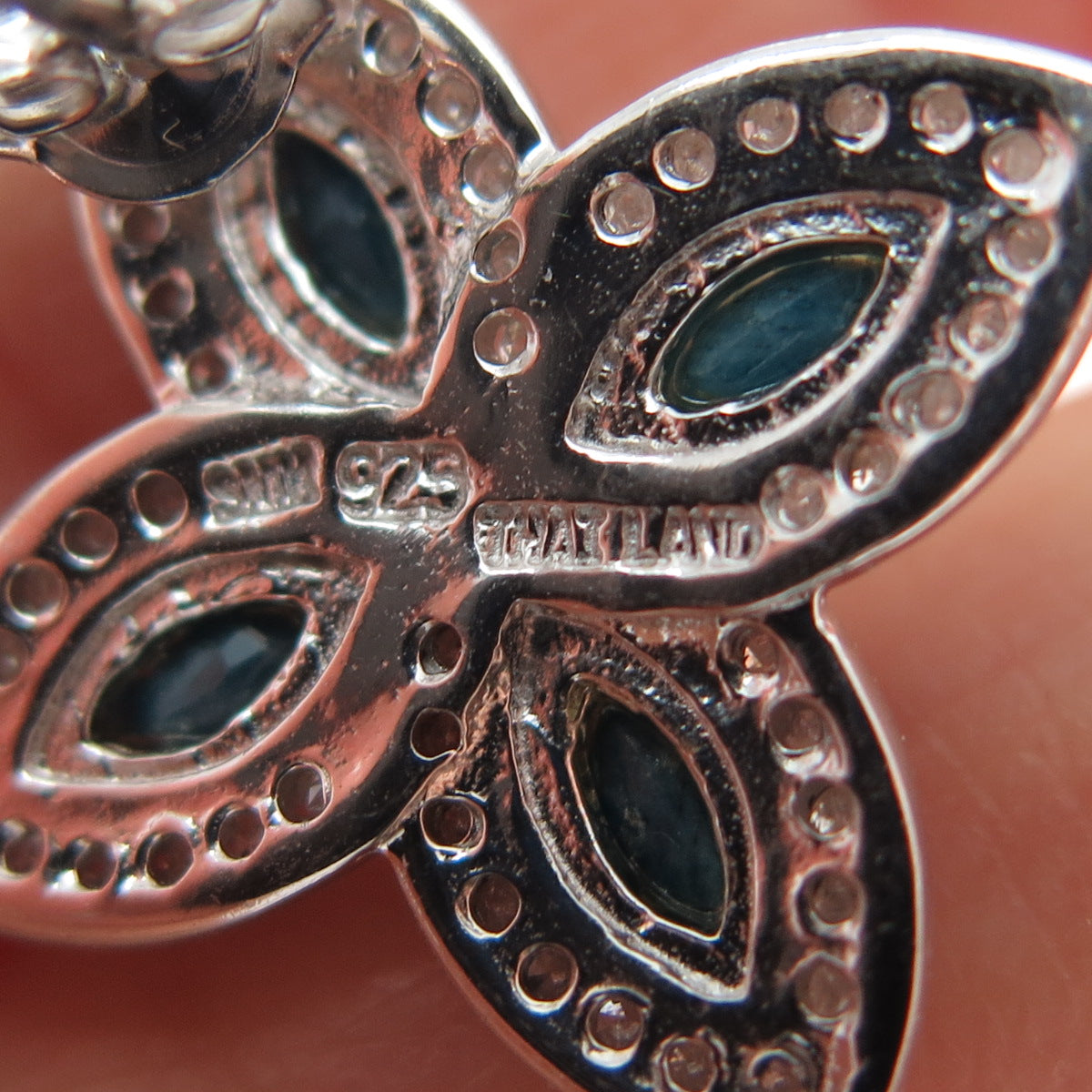 925 Sterling Silver Real Diamond Pear & Marquise-Cut Sapphire Flower Earrings