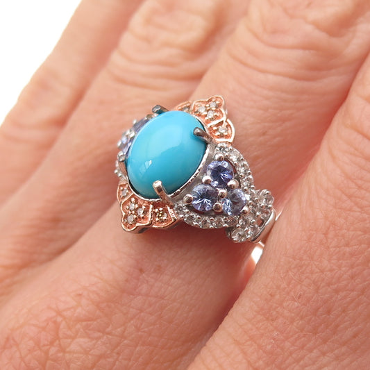 Chuck Clemency 925 Sterling 2-Tone Diamond Turquoise Tanzanite Topaz Ring Size 8