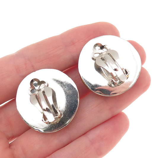 925 Sterling 2-Tone Vintage Mexico Modernist Trinity Dome Clip On Earrings