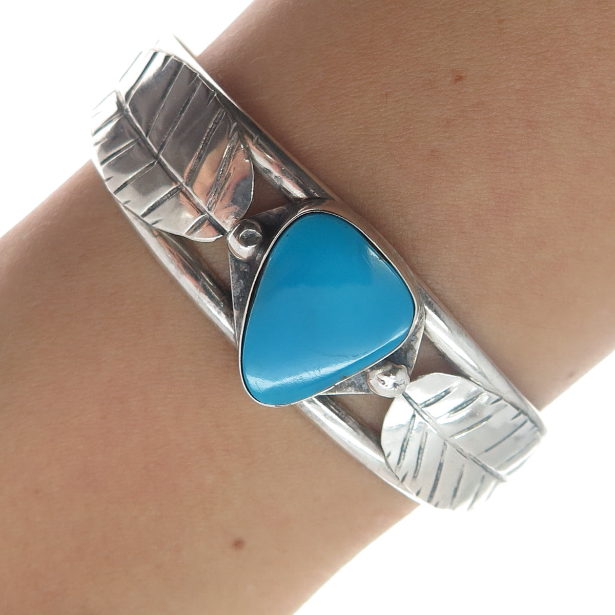 Old Pawn 925 Sterling Silver Vintage Turquoise Gem Leaf Adjustable Bracelet 5.5"