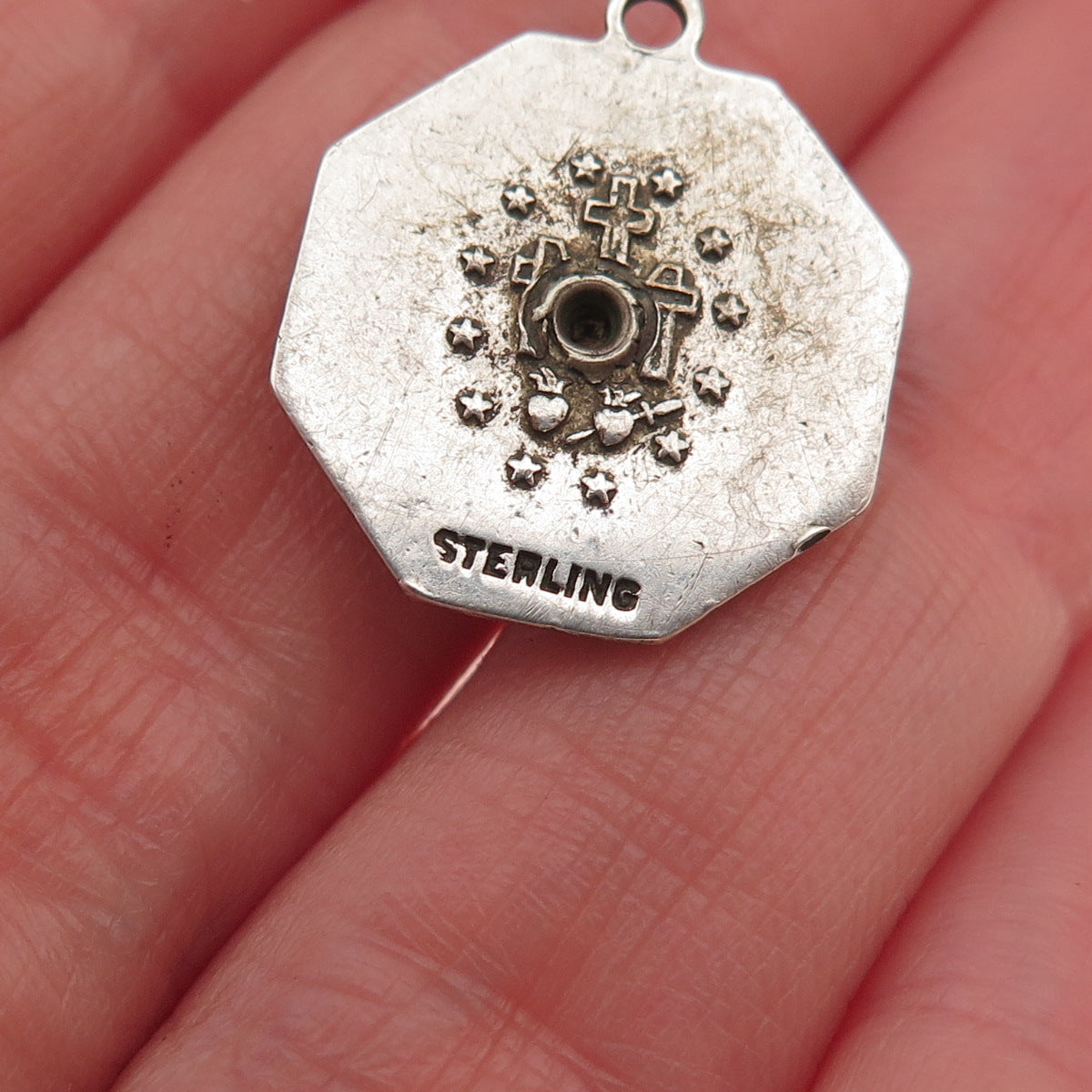 925 Sterling 2-Tone Antique Art Deco Real MOP & Marcasite St. Mary Mini Pendant